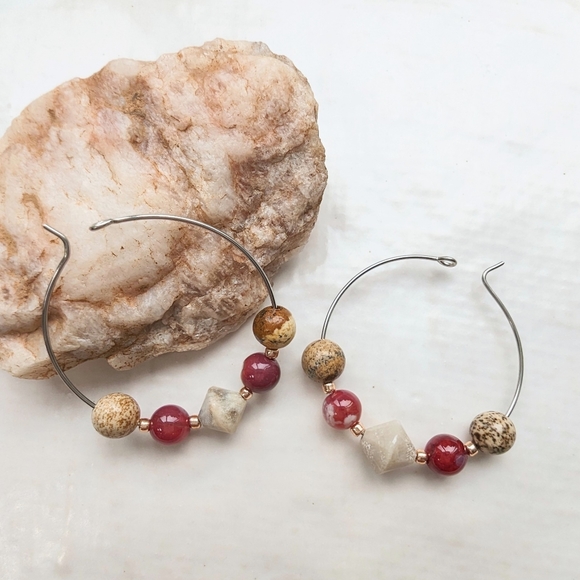 Hand Crafted Jewelry - Fall Red Agate and Fossil Jasper Hand Crafted Steel Hoop Earrings